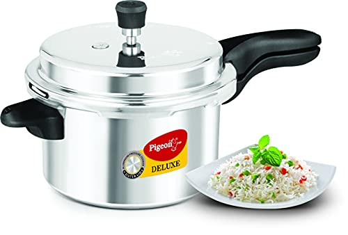 Pigeon 5 Quart Pressure Cooker, Olla de Presion, Gas & Induction Compatible, Pressure Pot for Instant Cooking of Veggies, Soup, Meat, Rice & Legumes, Indian Pressure Cooker 5 Liters, Aluminum, Silver