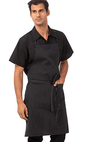 Chef Works Unisex Adjustable Bib Apron, Black W/ Wht Pinstripe, One Size