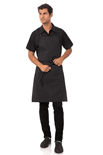 Chef Works Unisex Adjustable Bib Apron, Black W/ Wht Pinstripe, One Size