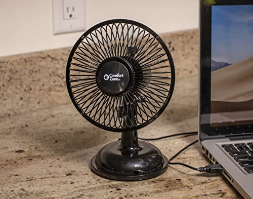 Comfort Zone CZ5USBBK 5” 2-Speed Dual Base USB or Battery-Operated Desk Fan, 360-Degree Adjustable Angle, LED Power Indicator Light, Black