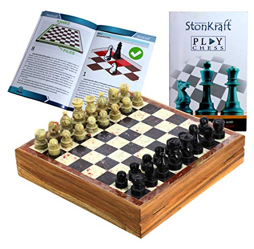 StonKraft - 8" X 8" Chess Board with Wooden Base with Stone Inlaid & Stone Pieces Game Set