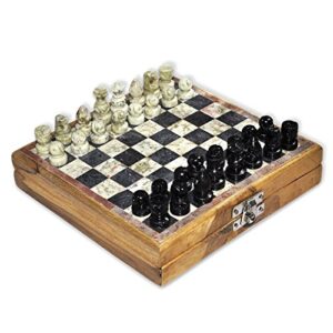 StonKraft - 8" X 8" Chess Board with Wooden Base with Stone Inlaid & Stone Pieces Game Set