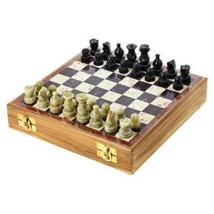 StonKraft - 8" X 8" Chess Board with Wooden Base with Stone Inlaid & Stone Pieces Game Set