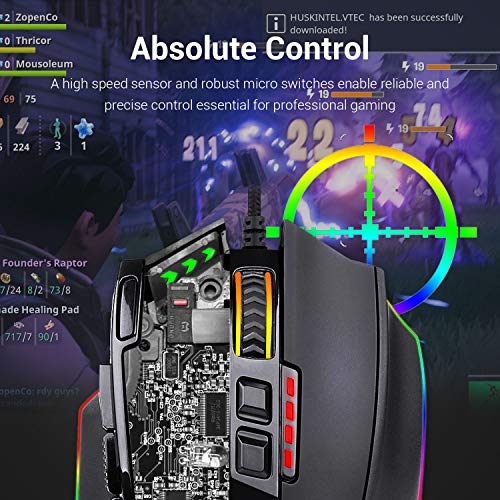 Redragon M801 Gaming Mouse LED RGB Backlit MMO 9 Programmable Buttons Mouse with Macro Recording Side Buttons Rapid Fire Button 16000 DPI for Windows PC Gamer (Wired, Black)