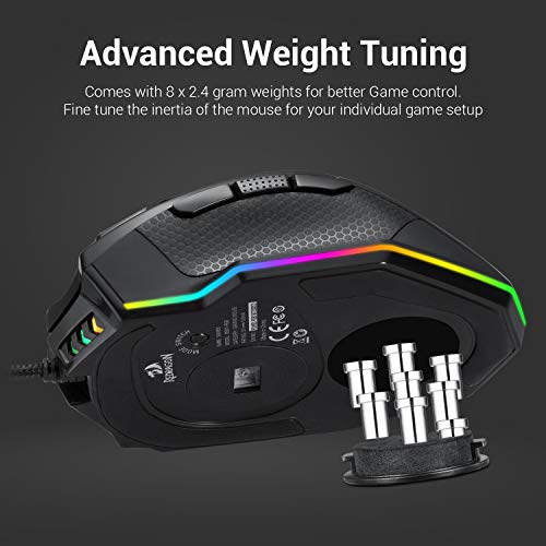Redragon M801 Gaming Mouse LED RGB Backlit MMO 9 Programmable Buttons Mouse with Macro Recording Side Buttons Rapid Fire Button 16000 DPI for Windows PC Gamer (Wired, Black)