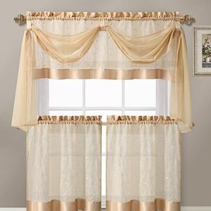 Linen Leaf 4 Piece Embroidered Kitchen Curtain Set (Gold)