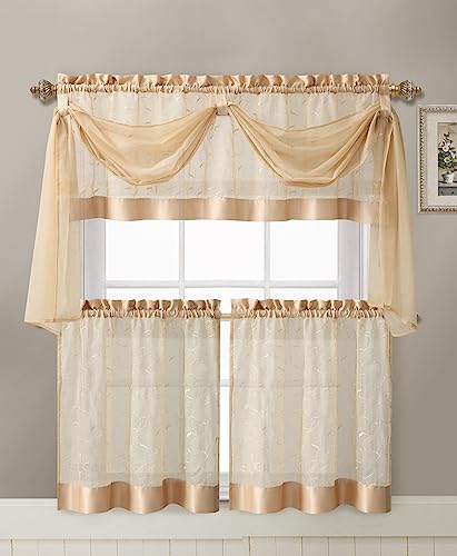 Linen Leaf 4 Piece Embroidered Kitchen Curtain Set (Gold)