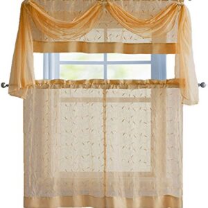 Linen Leaf 4 Piece Embroidered Kitchen Curtain Set (Gold)