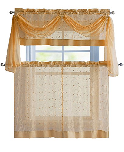 Linen Leaf 4 Piece Embroidered Kitchen Curtain Set (Gold)