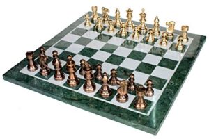 stonkraft collectible green marble chess board set + brass crafted pieces pawns - decorative stone chess - home décor - 20" inches