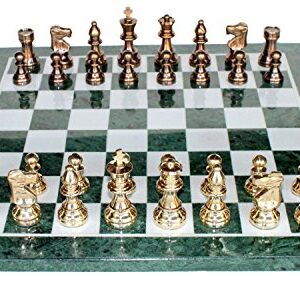 StonKraft Collectible Green Marble Chess Board Set + Brass Crafted Pieces Pawns - Decorative Stone Chess - Home Décor - 20" Inches