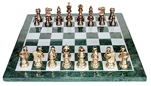 StonKraft Collectible Green Marble Chess Board Set + Brass Crafted Pieces Pawns - Decorative Stone Chess - Home Décor - 20" Inches