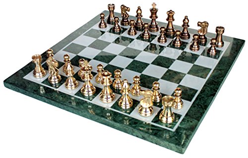 StonKraft Collectible Green Marble Chess Board Set + Brass Crafted Pieces Pawns - Decorative Stone Chess - Home Décor - 20" Inches