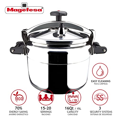 MAGEFESA Chef Pressure Cooker has a Thermodiffusion bottom, 3 Security Systems. 16 Quarts