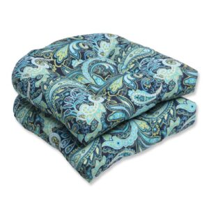 pillow perfect paisley outdoor wicker patio seat cushion reversible, weather, and fade resistant, round corner - 19" x 19", blue/green pretty, 2 count