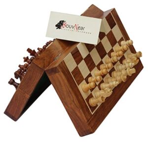 10.5" wood chess set - handmade premium magnetic folding chess board - wooden travel staunton chess game with built in storage