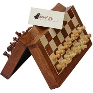10.5" Wood Chess Set - Handmade Premium Magnetic Folding Chess Board - Wooden Travel Staunton Chess Game with Built in Storage