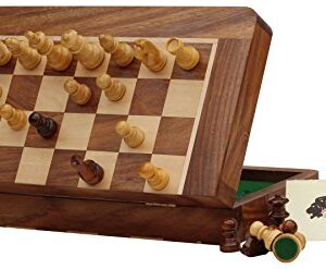 10.5" Wood Chess Set - Handmade Premium Magnetic Folding Chess Board - Wooden Travel Staunton Chess Game with Built in Storage