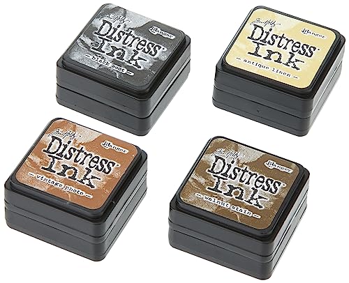 Ranger THoltz Ink Set 3 Tim Holtz Distress InkSet, Mini (Four 1x1 inch Pads), Antique Linen, Vintage Photo, Walnut Stain, and Black Soot, 4 Count