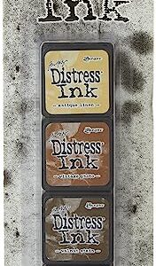 Ranger THoltz Ink Set 3 Tim Holtz Distress InkSet, Mini (Four 1x1 inch Pads), Antique Linen, Vintage Photo, Walnut Stain, and Black Soot, 4 Count