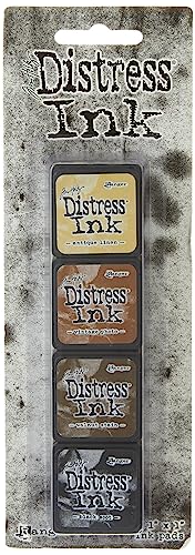 Ranger THoltz Ink Set 3 Tim Holtz Distress InkSet, Mini (Four 1x1 inch Pads), Antique Linen, Vintage Photo, Walnut Stain, and Black Soot, 4 Count