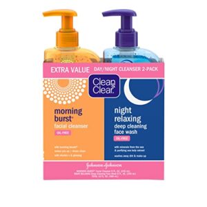 clean & clear 2-pack day and night face cleanser citrus morning burst facial cleanser with vitamin c and cucumber, relaxing night facial cleanser with sea minerals, oil free & hypoallergenic face wash