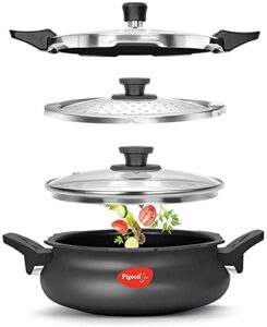 pigeon 3.2 quart all-in-one super cooker - steamer, cooking pot, pressure cooker, dutch oven - for all cooktops - quick cooking of meat, soup, rice, beans, idli & more, hard anodized, (3 liters)