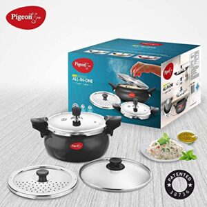 Pigeon 3.2 Quart All-In-One Super Cooker - Steamer, Cooking Pot, Pressure Cooker, Dutch Oven - For All Cooktops - Quick Cooking of Meat, Soup, Rice, Beans, Idli & more, Hard Anodized, (3 Liters)