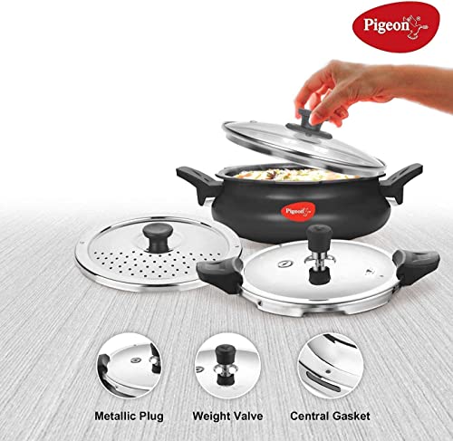 Pigeon 3.2 Quart All-In-One Super Cooker - Steamer, Cooking Pot, Pressure Cooker, Dutch Oven - For All Cooktops - Quick Cooking of Meat, Soup, Rice, Beans, Idli & more, Hard Anodized, (3 Liters)