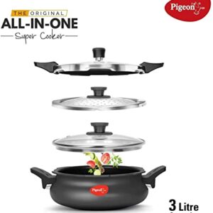 Pigeon 3.2 Quart All-In-One Super Cooker - Steamer, Cooking Pot, Pressure Cooker, Dutch Oven - For All Cooktops - Quick Cooking of Meat, Soup, Rice, Beans, Idli & more, Hard Anodized, (3 Liters)