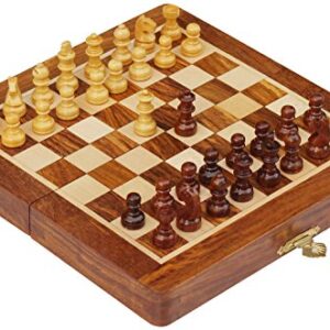 Magnetic Travel Chess Board Set - Classic Wood Staunton 7 X 7 Inch Pocket Chess Set with Folding Game Board Handmade in Fine Rosewood