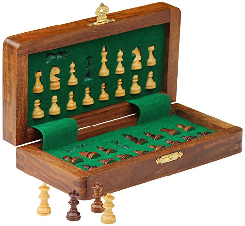 Magnetic Travel Chess Board Set - Classic Wood Staunton 7 X 7 Inch Pocket Chess Set with Folding Game Board Handmade in Fine Rosewood