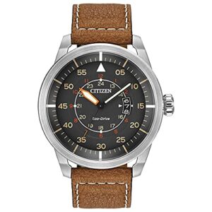 citizen men's eco-drive weekender avion field watch in stainless steel with brown leather strap, grey dial (model: aw1361-10h)