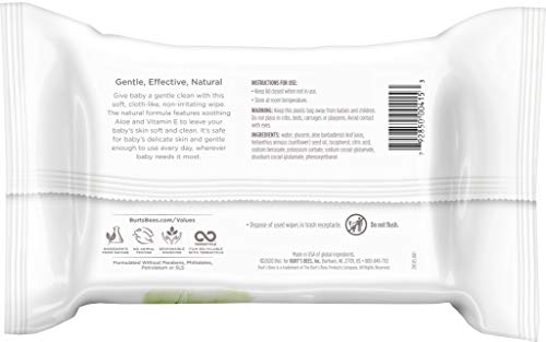 Burt's Bees Baby Wipes, Unscented Towelettes for Sensitive Skin, Hypoallergenic & Non-Irritating, All Natural with Soothing Aloe & Vitamin E, Fragrance Free, 6 Flip-Top Packs (432 Wipes Total)