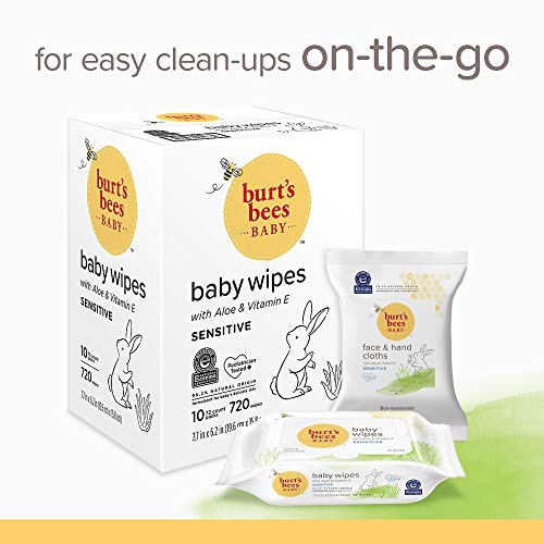 Burt's Bees Baby Wipes, Unscented Towelettes for Sensitive Skin, Hypoallergenic & Non-Irritating, All Natural with Soothing Aloe & Vitamin E, Fragrance Free, 6 Flip-Top Packs (432 Wipes Total)