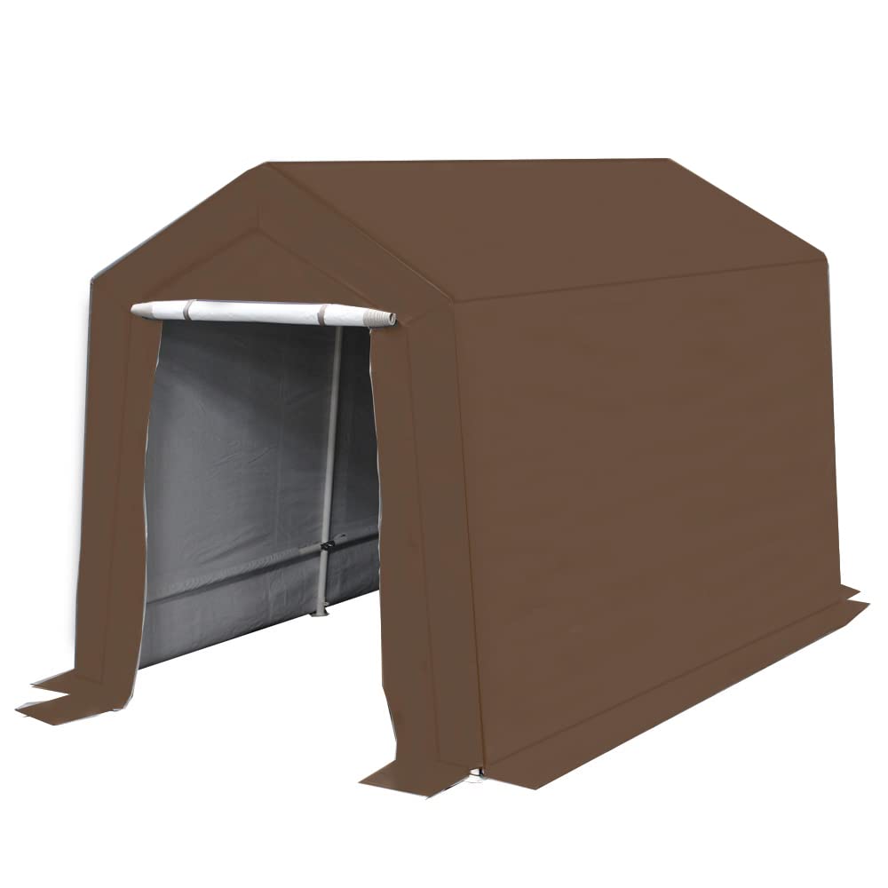 King Canopy Storage Shed 7-Feet by 12-Feet, 1.5-Inch Steel Frame, Enclosed w/roll-up Zipper Door, 185 GSM PE Cover, 6-Leg, Outdoor, Carport, Bicycle, Motorcycle, ATV, Gardening, Patio, Brown, G0712B