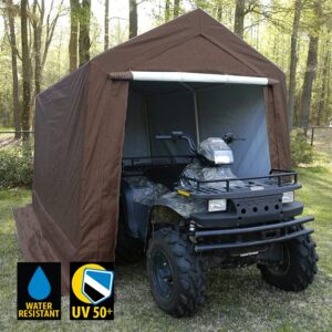King Canopy Storage Shed 7-Feet by 12-Feet, 1.5-Inch Steel Frame, Enclosed w/roll-up Zipper Door, 185 GSM PE Cover, 6-Leg, Outdoor, Carport, Bicycle, Motorcycle, ATV, Gardening, Patio, Brown, G0712B