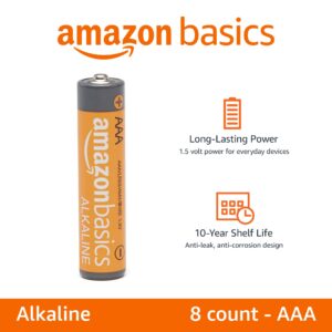 Amazon Basics 8 Pack AAA High-Performance Alkaline Batteries, 10-Year Shelf Life, Easy to Open Value Pack,8 Count (Pack of 1)