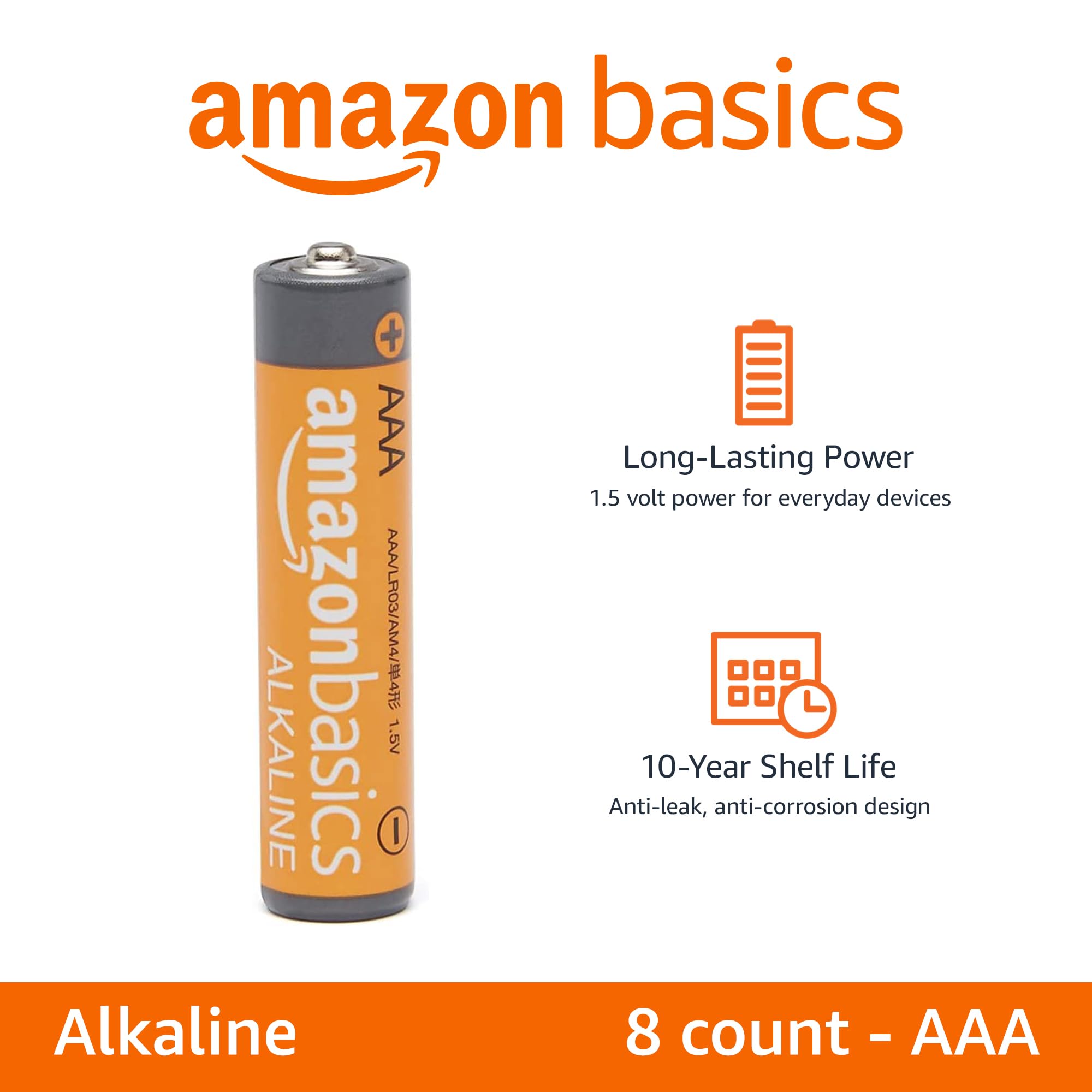 Amazon Basics 8 Pack AAA High-Performance Alkaline Batteries, 10-Year Shelf Life, Easy to Open Value Pack,8 Count (Pack of 1)