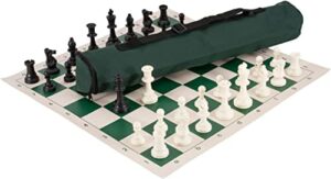 u.s. chess quiver chess set- triple weighted- green- 21" x 6" quiver chess bag, regulation vinyl chess board, traditional staunton pattern, 3.75" king, additional queens, 2.25" squares