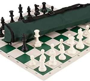 U.S. Chess Quiver Chess Set- Triple Weighted- Green- 21" x 6" Quiver Chess Bag, Regulation Vinyl Chess Board, Traditional Staunton Pattern, 3.75" King, Additional Queens, 2.25" Squares