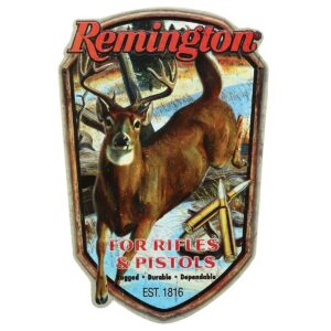 remington rifles and pistols embossed metal sign - vintage hunting wall art for garage, man cave or workshop