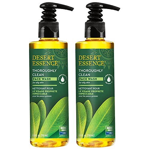 Desert Essence Thoroughly Clean Face Wash for Oily Skin, 8.5 fl oz (2 Pack) Gluten Free, Vegan, Non-GMO Gentle Daily Cleanser - Tea Tree Oil, Organic Lavender & Chamomile to Remove Dirt, Oil & Makeup