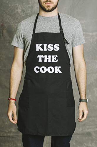 Funny Guy Mugs Kiss The Cook Adjustable Apron with Pockets - Funny Apron for Men & Women - Perfect for Kitchen BBQ Grilling Barbecue Cooking Baking