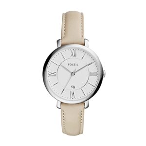 fossil women's jacqueline quartz stainless steel and leather three-hand date watch, color: silver, white (model: es3793)