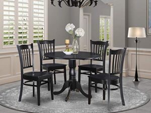 east west furniture dublin 5 piece room set includes a round dining table with dropleaf and 4 wood seat chairs, 42x42 inch, black