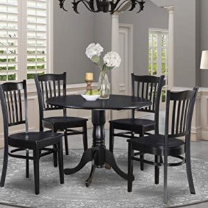 East West Furniture Dublin 5 Piece Room Set Includes a Round Dining Table with Dropleaf and 4 Wood Seat Chairs, 42x42 Inch, Black