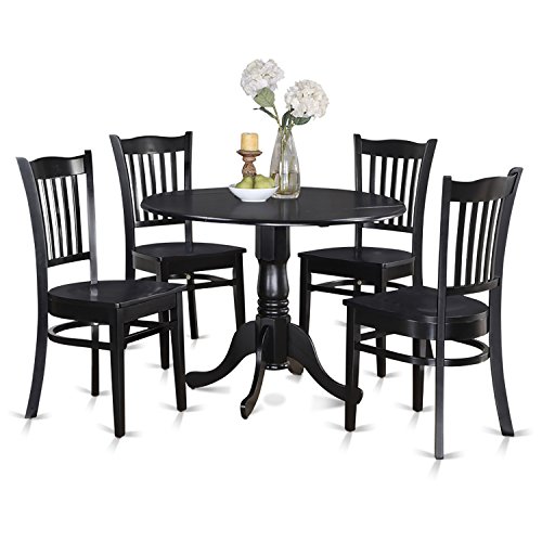 East West Furniture Dublin 5 Piece Room Set Includes a Round Dining Table with Dropleaf and 4 Wood Seat Chairs, 42x42 Inch, Black