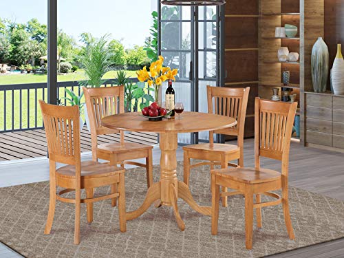 East West Furniture Dublin 5 Piece Modern Set Includes a Round Wooden Table with Dropleaf and 4 Dining Room Chairs, 42x42 Inch, Oak