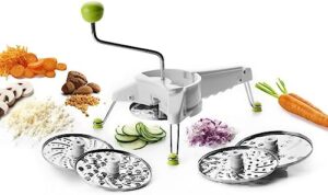 ibili 5-in-1 mouli rotary cheese grater, slicer, made in spain, includes 5 stainless steel interchangeable variated discs, dishwasher safe